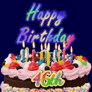 Happy Birthday Age 46 GIF, 46th Birthday GIF: A dark blue birthday gif with a beautiful cake with flickering candles, background sparkles and a name to customize.