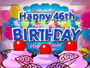 Happy Birthday Age 46 GIF, 46th Birthday GIF: Birthday animated gif with sparklers on text name you can customize. Brightly colored with a close up cake cherries.