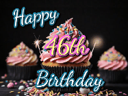 Happy Birthday Age 46 GIF, 46th Birthday GIF: A delicious cupcake gif with animated sparkles reading Happy Birthday with a name to customize