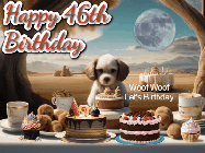 Happy Birthday Age 46 GIF, 46th Birthday GIF: Animated birthday gif with a dog at a fancy birthday table loaded with cakes as hearts appear. It reads Happy Birthday Customize.