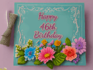 Happy Birthday Age 46 GIF, 46th Birthday GIF: Animated Birthday GIF as a colorful birthday card reading Happy Birthday Name and flower petals floating past.