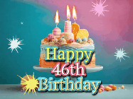 Happy Birthday Age 46 GIF, 46th Birthday GIF: A colorful animated Happy Birthday Cake GIF with swirling sparkles and flickering candles. It reads Happy Birthday Name