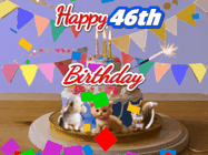 Happy Birthday Age 46 GIF, 46th Birthday GIF: Happy Birthday Cake GIF with a cat, lamb, and squirrel on the cake with flickering candles, a sparkler, and falling confetti. Reads Happy Birthday Name and you can customize the name