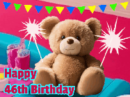 Happy Birthday Age 46 GIF, 46th Birthday GIF: A cute birthday teddy bear animated birthday gif with the bear holding sparklers and text to customize.