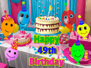 Happy Birthday Age 49 GIF, 49th Birthday GIF: A birthday animated gif with a party room in the background and cute balloons, cake, and name to customize.