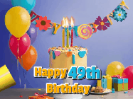 Happy Birthday Age 49 GIF, 49th Birthday GIF: Happy birthday cake animated gif with flickering candles, balloons, confetti, and text to customize.