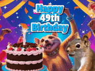 Happy Birthday Age 49 GIF, 49th Birthday GIF: A silly animated birthday gif, a chipmunk lights bady cake sparkler with laser beam eyes and starts a bright glitter party.