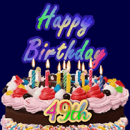 Happy Birthday Age 49 GIF, 49th Birthday GIF: A dark blue birthday gif with a beautiful cake with flickering candles, background sparkles and a name to customize.