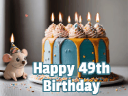 Happy Birthday Age 49 GIF, 49th Birthday GIF: Super cute birthday gif with name and little mouse in a party hat, a birthday cake with flickering candles. Customize text.