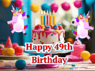 Happy Birthday Age 49 GIF, 49th Birthday GIF: Animated Happy Birthday GIF with a beautiful birthday cake being lit up by two unicorns. There are 3 lines of text to customize.