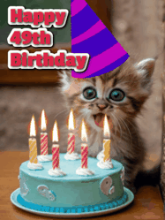 Happy Birthday Age 49 GIF, 49th Birthday GIF: A cute little cat birthday gif with lighting candles with text reading Happy Birthday Name, to customize