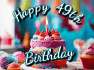 Happy Birthday Age 49 GIF, 49th Birthday GIF: Animated Happy Birthday Gif reading Happy Birthday Customize. Depicts a colorful birthday with flickering candles and glitter.