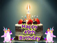 Happy Birthday Age 49 GIF, 49th Birthday GIF: An animated gif with 2 unicorns and a birthday candle on a cake.
