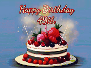 Happy Birthday Age 49 GIF, 49th Birthday GIF: Animated GIF of a birthday cake covered in berries with 2 sparklers and a candle, reads Happy Birthday Name. Customize it.