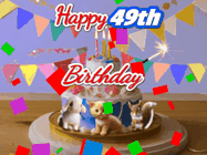 Happy Birthday Age 49 GIF, 49th Birthday GIF: Happy Birthday Cake GIF with a cat, lamb, and squirrel on the cake with flickering candles, a sparkler, and falling confetti. Reads Happy Birthday Name and you can customize the name