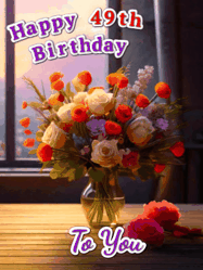 Happy Birthday Age 49 GIF, 49th Birthday GIF: A vase of flowers and animated hearts pop in and out as the words Happy Birthday Name appears that you can customize
