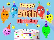 Happy Birthday Age 50 GIF, 50th Birthday GIF: Look at these cute balloons! Floating above a birthday cake. Animated happy faces too. Happy Birthday GIF. Customize. 