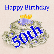 Happy Birthday Age 50 GIF, 50th Birthday GIF: A beautiful animated birthday gif with a vintage style cake drawing and animated candle flames. Customize the name and text.