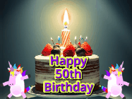 Happy Birthday Age 50 GIF, 50th Birthday GIF: An animated gif with 2 unicorns and a birthday candle on a cake.