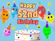 Happy Birthday Age 52 GIF, 52nd Birthday GIF: Look at these cute balloons! Floating above a birthday cake. Animated happy faces too. Happy Birthday GIF. Customize. 