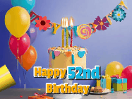 Happy Birthday Age 52 GIF, 52nd Birthday GIF: Happy birthday cake animated gif with flickering candles, balloons, confetti, and text to customize.