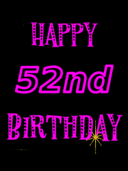 Happy Birthday Age 52 GIF, 52nd Birthday GIF: Retro happy birthday GIF with 2 lines of text you can customize on a black background with animated twinkles.