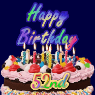 Happy Birthday Age 52 GIF, 52nd Birthday GIF: A dark blue birthday gif with a beautiful cake with flickering candles, background sparkles and a name to customize.