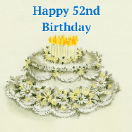 Happy Birthday Age 52 GIF, 52nd Birthday GIF: A beautiful vintage birthday cake design with flickering candles atop and three lines of customized happy birthday text.