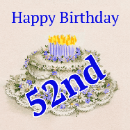 Happy Birthday Age 52 GIF, 52nd Birthday GIF: A beautiful animated birthday gif with a vintage style cake drawing and animated candle flames. Customize the name and text.