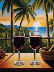 Happy Birthday Age 52 GIF, 52nd Birthday GIF: Birthday animated gif of 2 glasses of wine overlooking a tropical dusk as a birthday greeting appears.