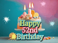 Happy Birthday Age 52 GIF, 52nd Birthday GIF: A colorful animated Happy Birthday Cake GIF with swirling sparkles and flickering candles. It reads Happy Birthday Name