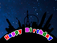 Happy Birthday Age 56 GIF, 56th Birthday GIF: Happy birthday animated gif of a cute shooting star over a skyline dropping the birthday name that you can customize