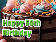 Happy Birthday Age 56 GIF, 56th Birthday GIF: A beautiful and elegant birthday cake gif with pink text to customize and animated flowers.