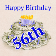 Happy Birthday Age 56 GIF, 56th Birthday GIF: A beautiful animated birthday gif with a vintage style cake drawing and animated candle flames. Customize the name and text.