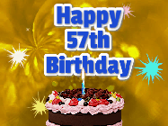 Happy Birthday Age 57 GIF, 57th Birthday GIF: A glitter and sparkle happy birthday gif with swelling sparkles, a birthday cake, and 3 lines of text to customize