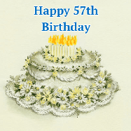 Happy Birthday Age 57 GIF, 57th Birthday GIF: A beautiful vintage birthday cake design with flickering candles atop and three lines of customized happy birthday text.
