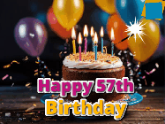 Happy Birthday Age 57 GIF, 57th Birthday GIF: A birthday cake with flickering candles gif with text reading Happy Birthday and a Name slot to customize