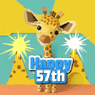 Happy Birthday Age 57 GIF, 57th Birthday GIF: Cute giraffee birthday gif depicting a paper cutout bobbing giraffe head and birthday text you can customize with sparklers.