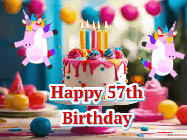 Happy Birthday Age 57 GIF, 57th Birthday GIF: Animated Happy Birthday GIF with a beautiful birthday cake being lit up by two unicorns. There are 3 lines of text to customize.