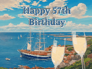 Happy Birthday Age 57 GIF, 57th Birthday GIF: Animated fireworks gif overlooking the sea with 2 glass of champagne. Text reads Happy Birthday Name. Customize Name.