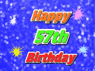 Happy Birthday Age 57 GIF, 57th Birthday GIF: A glitter birthday gif with a blue glitter background and animated text reading Happy Birthday Name