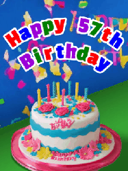 Happy Birthday Age 57 GIF, 57th Birthday GIF: A brightly colored animated birthday gif with a cake and a cute cartoon dragon flies past to light the candles. Customize banner text.