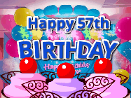 Happy Birthday Age 57 GIF, 57th Birthday GIF: Birthday animated gif with sparklers on text name you can customize. Brightly colored with a close up cake cherries.