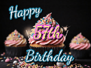 Happy Birthday Age 57 GIF, 57th Birthday GIF: A delicious cupcake gif with animated sparkles reading Happy Birthday with a name to customize