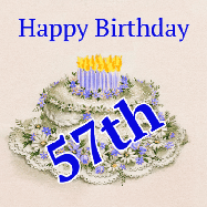 Happy Birthday Age 57 GIF, 57th Birthday GIF: A beautiful animated birthday gif with a vintage style cake drawing and animated candle flames. Customize the name and text.