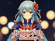 Happy Birthday Age 57 GIF, 57th Birthday GIF: Anime girl holding a birthday cake and an animated sword falls into it. Text reads Happy Birthday Customize