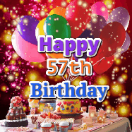 Happy Birthday Age 57 GIF, 57th Birthday GIF: Animated happy birthday gif on a bright red glittery background and 3 lines of text reading Happy Birthday Customize
