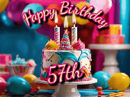 Happy Birthday Age 57 GIF, 57th Birthday GIF: Animated birthday gif with a beautiful colorful birthday can and sparkles in the air. It reads Happy Birthday Customize.