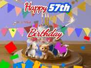 Happy Birthday Age 57 GIF, 57th Birthday GIF: Happy Birthday Cake GIF with a cat, lamb, and squirrel on the cake with flickering candles, a sparkler, and falling confetti. Reads Happy Birthday Name and you can customize the name