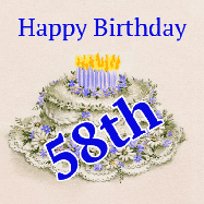 Happy Birthday Age 58 GIF, 58th Birthday GIF: A beautiful animated birthday gif with a vintage style cake drawing and animated candle flames. Customize the name and text.